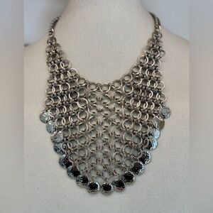 🔘 Statement Bib Necklace Chico’s Silver Tone Chainmail w/ Hammered Disc Fringe